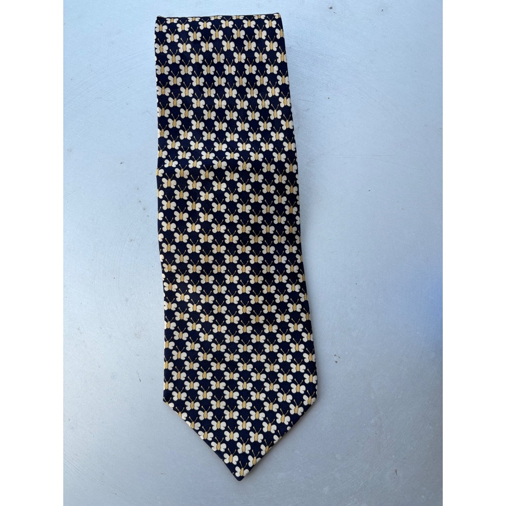 Montagut Paris Mens Silk Tie Navy Blue Gold Butterfly Print Yang Ming Line